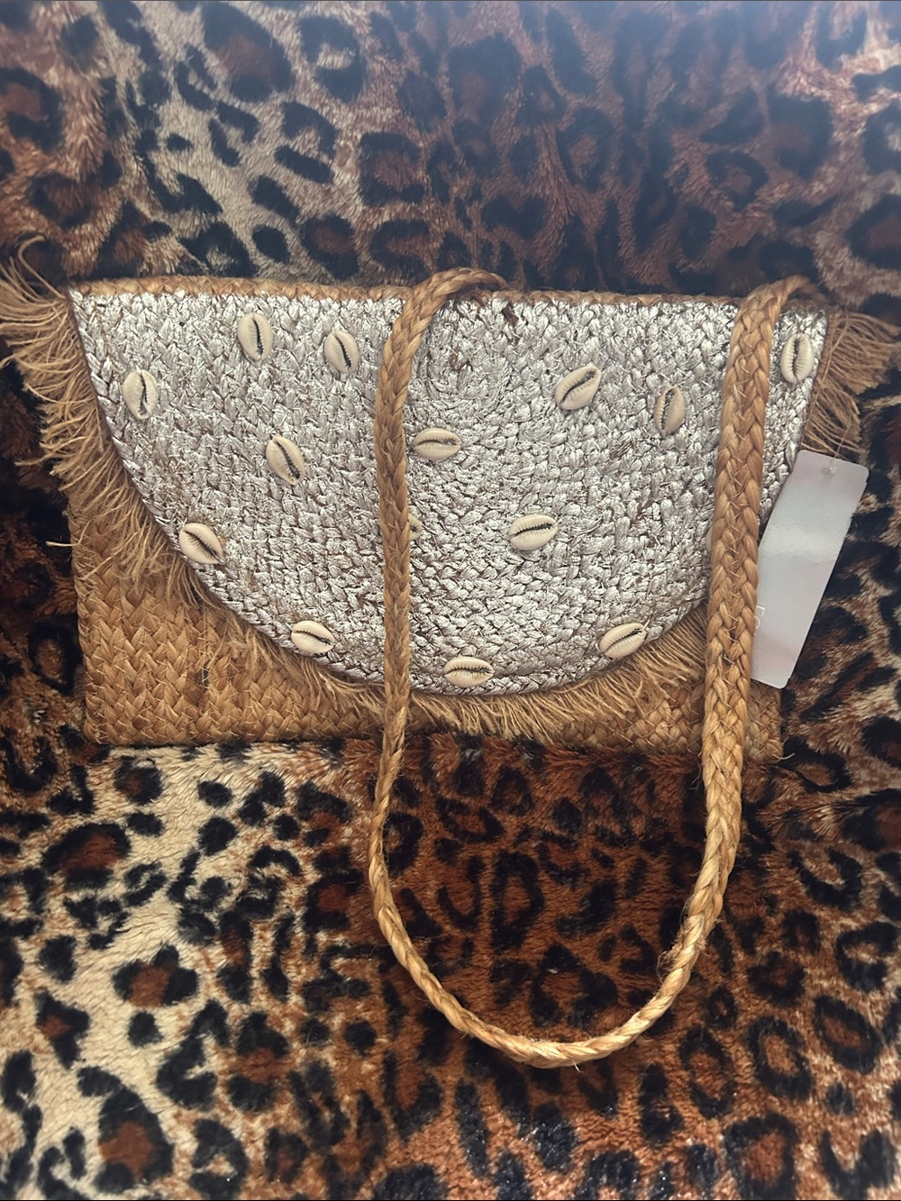 Natural Straw and Silver Shell Accent Shoulder Bag
